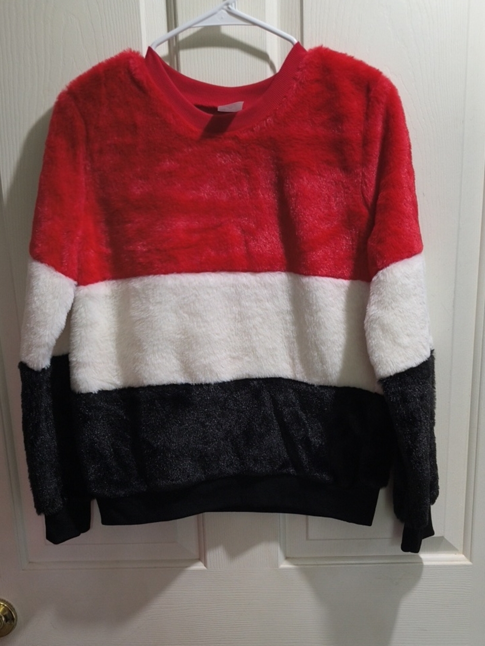 No Boundaries Plush Colorblock Crewneck Sweater - Red, White & Black